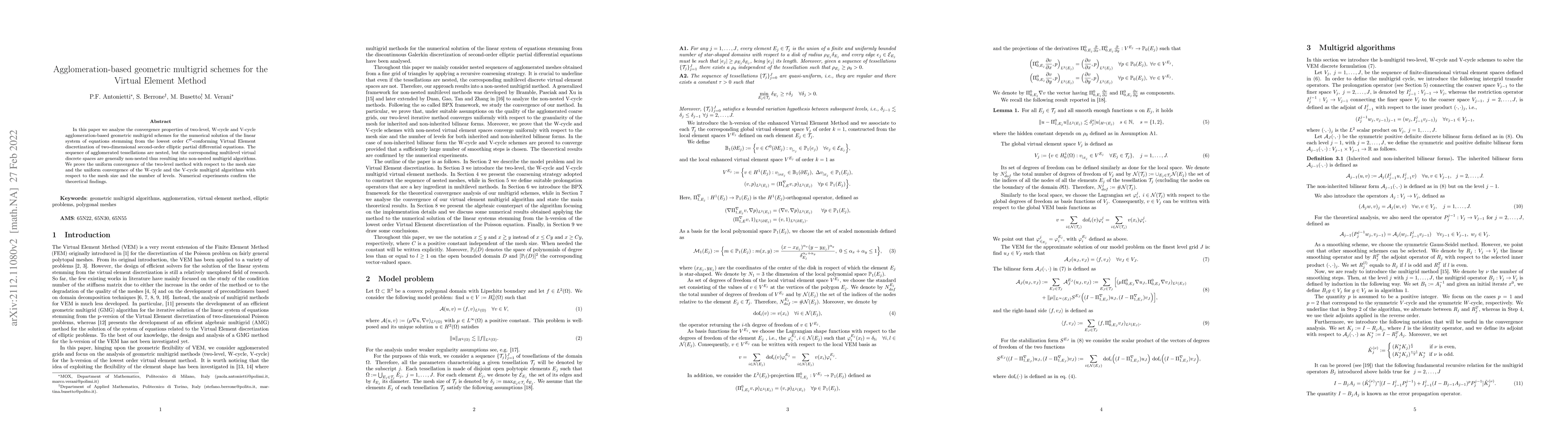 Thumbnail for Agglomeration-based geometric multigrid schemes for the Virtual Element
  Method