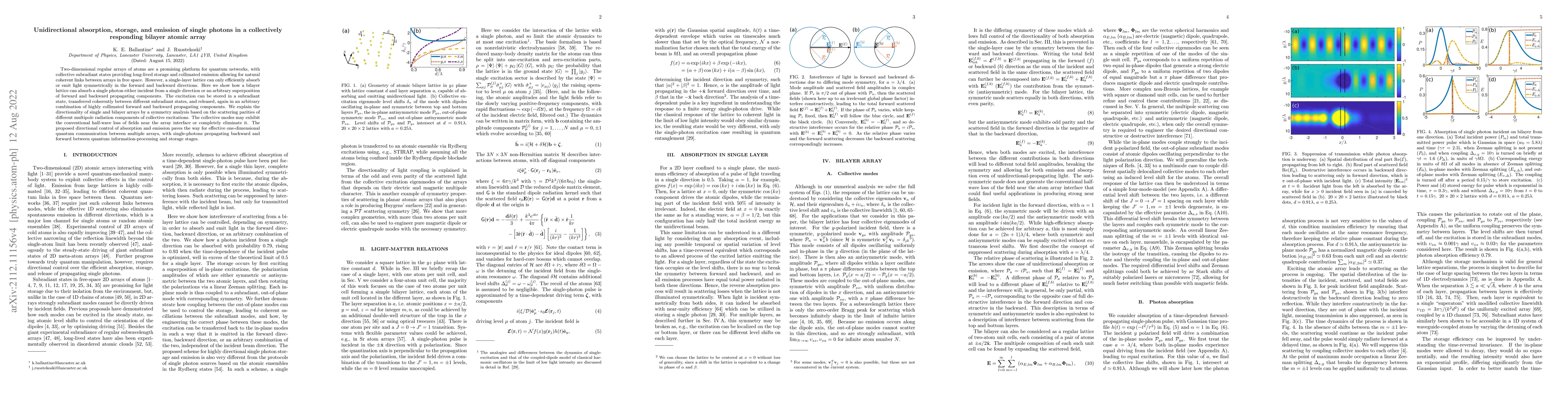 Thumbnail for Unidirectional absorption, storage, and emission of single photons in a
  collectively responding bilayer atomic array