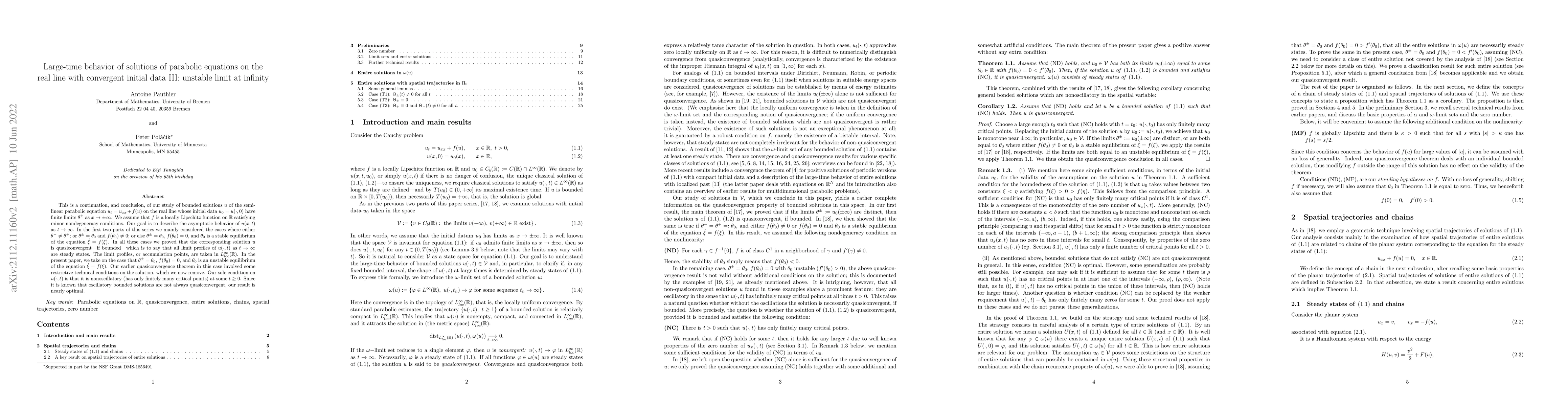Thumbnail for Large-time behavior of solutions of parabolic equations on the real line
  with convergent initial data III:unstable limit at infinity