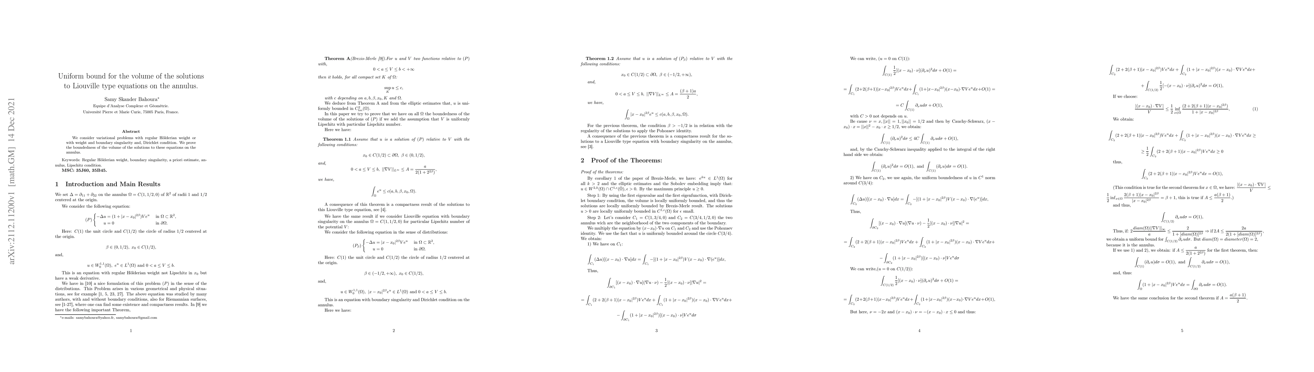 Thumbnail for Uniform bound for the volume of the solutions to Liouville type
  equations on the annulus