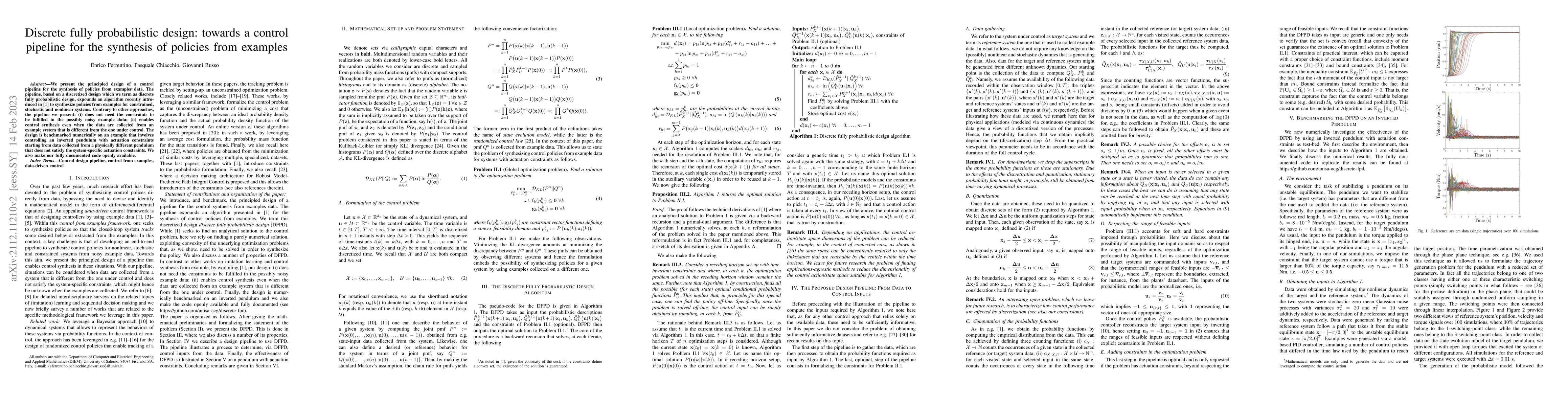 Thumbnail for Discrete fully probabilistic design: towards a control pipeline for the
  synthesis of policies from examples