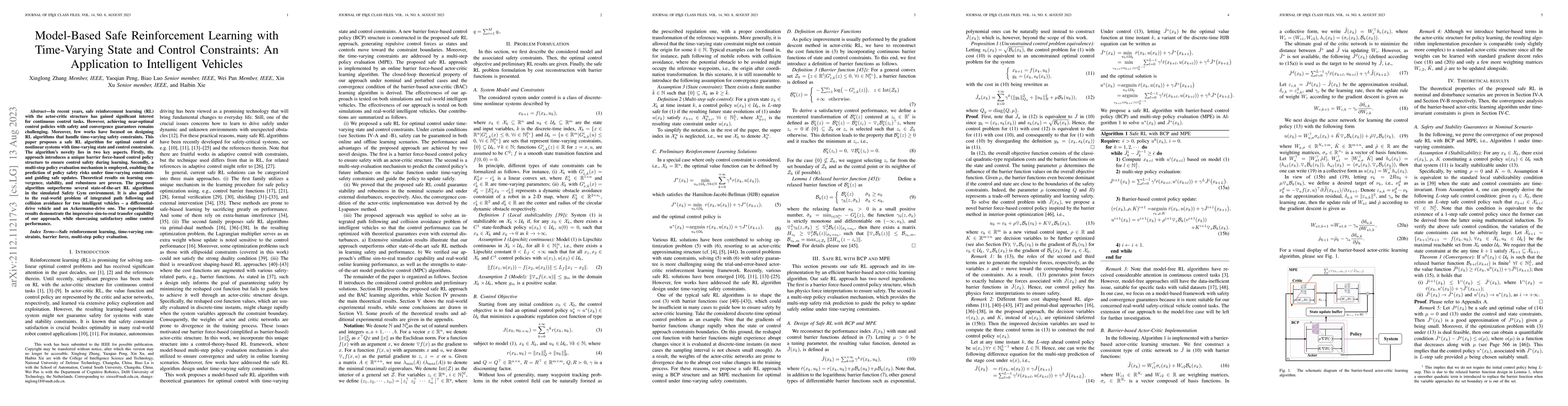Thumbnail for Model-Based Safe Reinforcement Learning with Time-Varying State and
  Control Constraints: An Application to Intelligent Vehicles