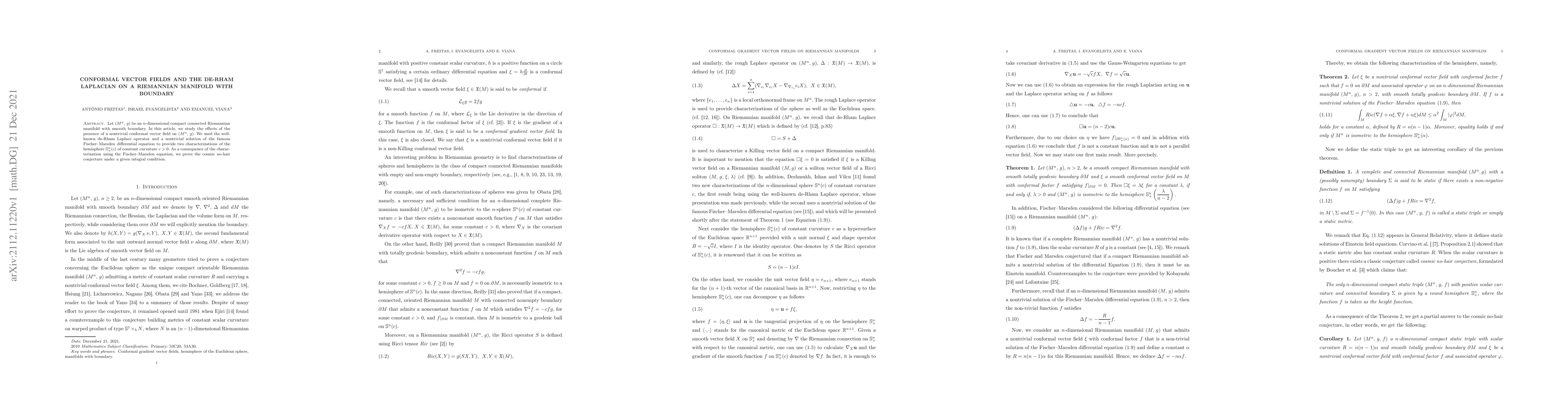 Thumbnail for Conformal Vector Fields and the De-Rham Laplacian on a Riemannian
  Manifold with Boundary