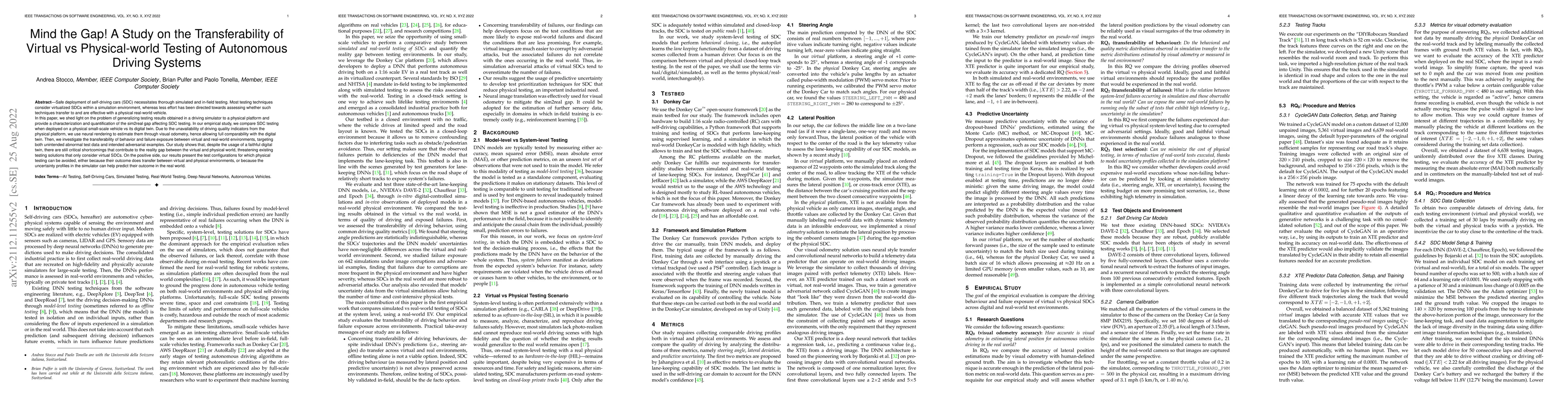 Thumbnail for Mind the Gap! A Study on the Transferability of Virtual vs
  Physical-world Testing of Autonomous Driving Systems