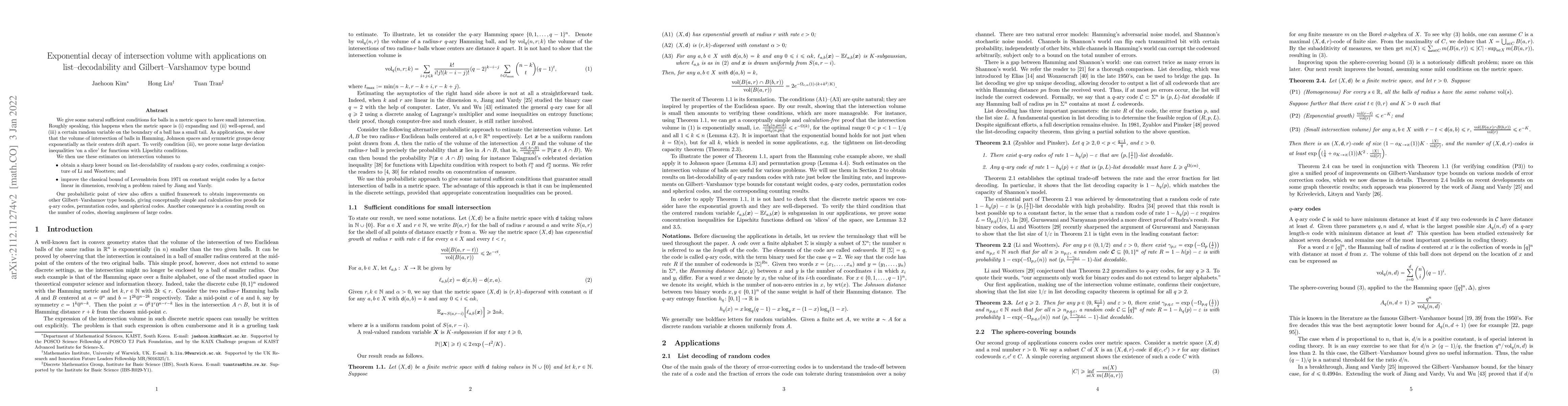 Thumbnail for Exponential decay of intersection volume with applications on
  list-decodability and Gilbert-Varshamov type bound