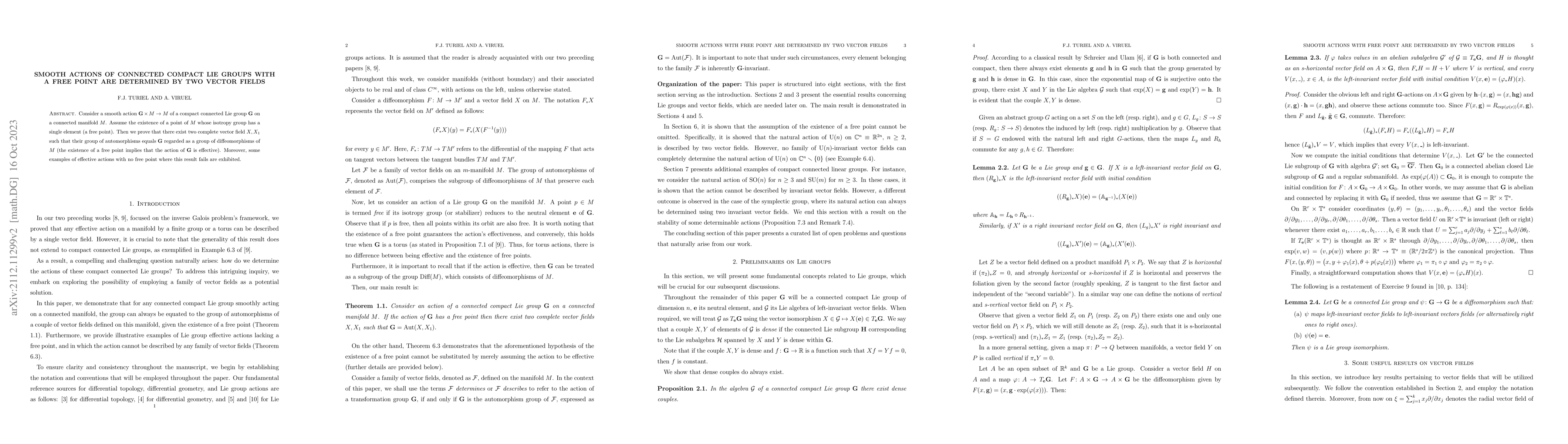 Thumbnail for Smooth actions of connected compact Lie groups with a free point are
  determined by two vector fields