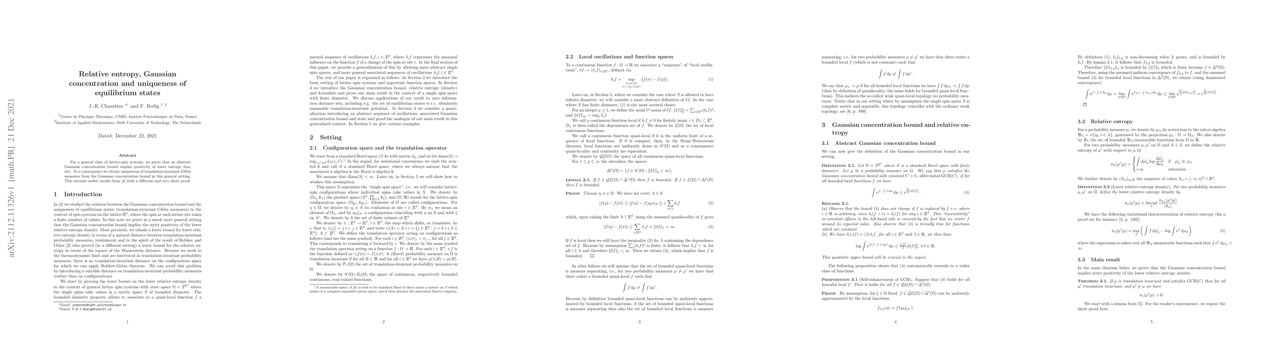 Thumbnail for Relative entropy, Gaussian concentration and uniqueness of equilibrium
  states