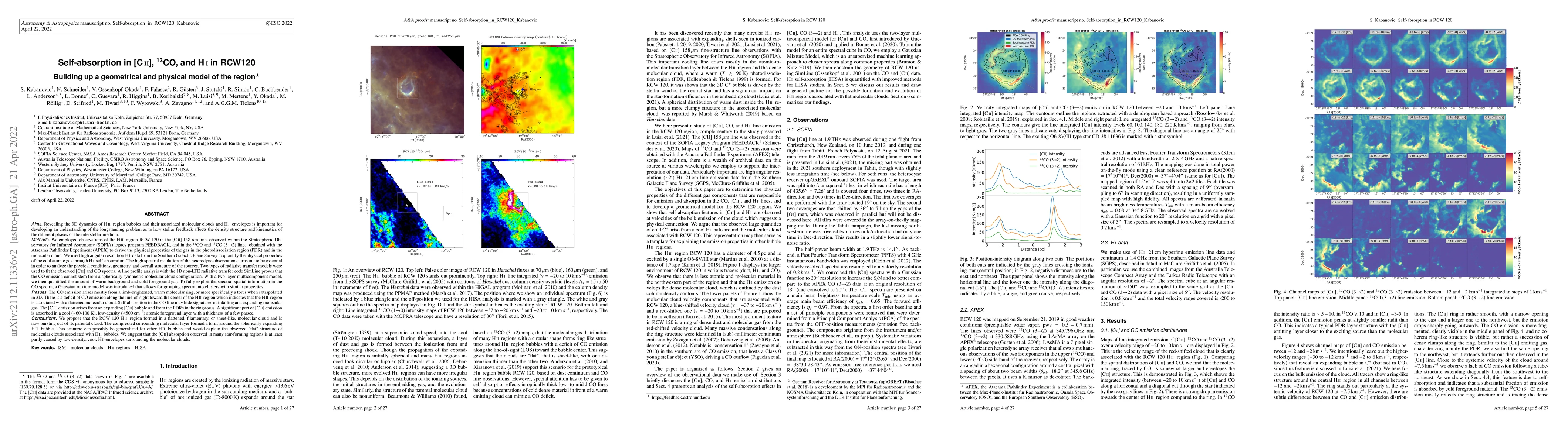 Thumbnail for Self-absorption in [CII], $^{12}$CO, and HI in RCW120. Building up a
  geometrical and physical model of the region