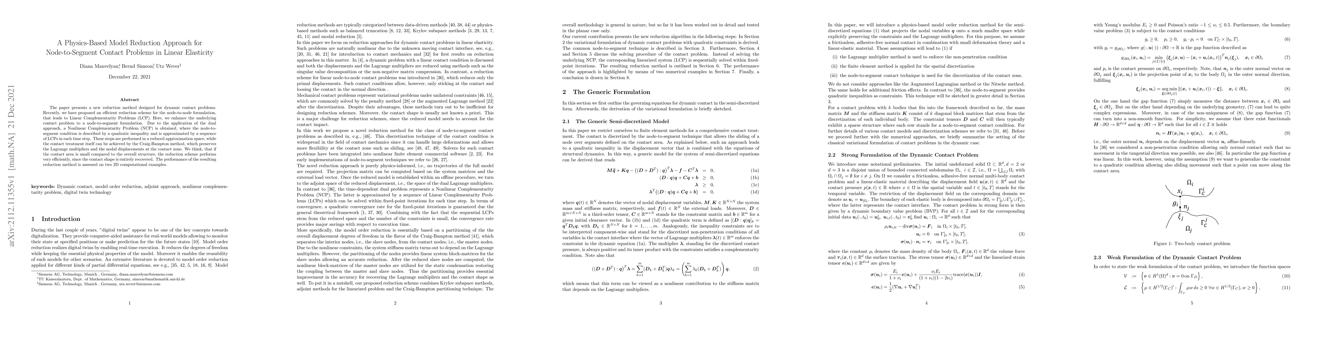 Thumbnail for A Physics-Based Model Reduction Approach for Node-to-Segment Contact
  Problems in Linear Elasticity