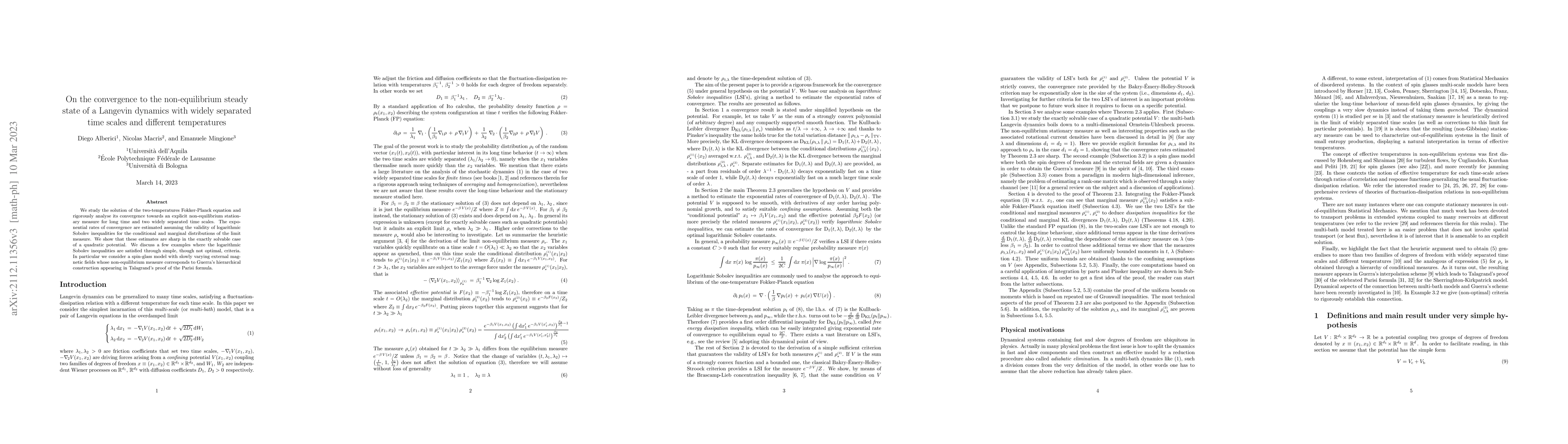 Thumbnail for On the convergence to the non-equilibrium steady state of a Langevin
  dynamics with widely separated time scales and different temperatures