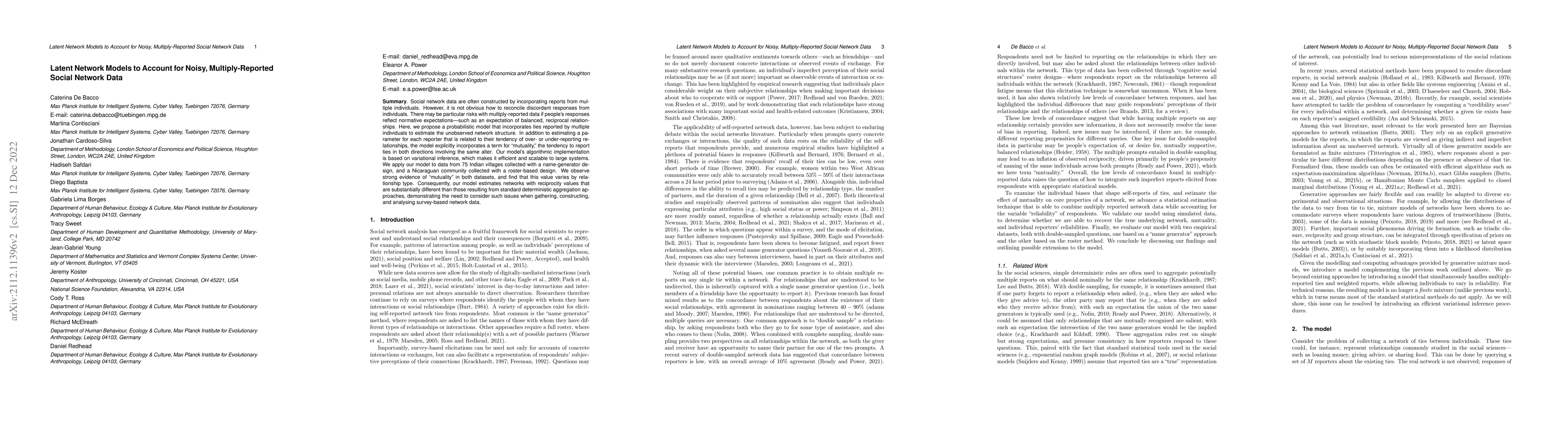 Thumbnail for Latent Network Models to Account for Noisy, Multiply-Reported Social
  Network Data