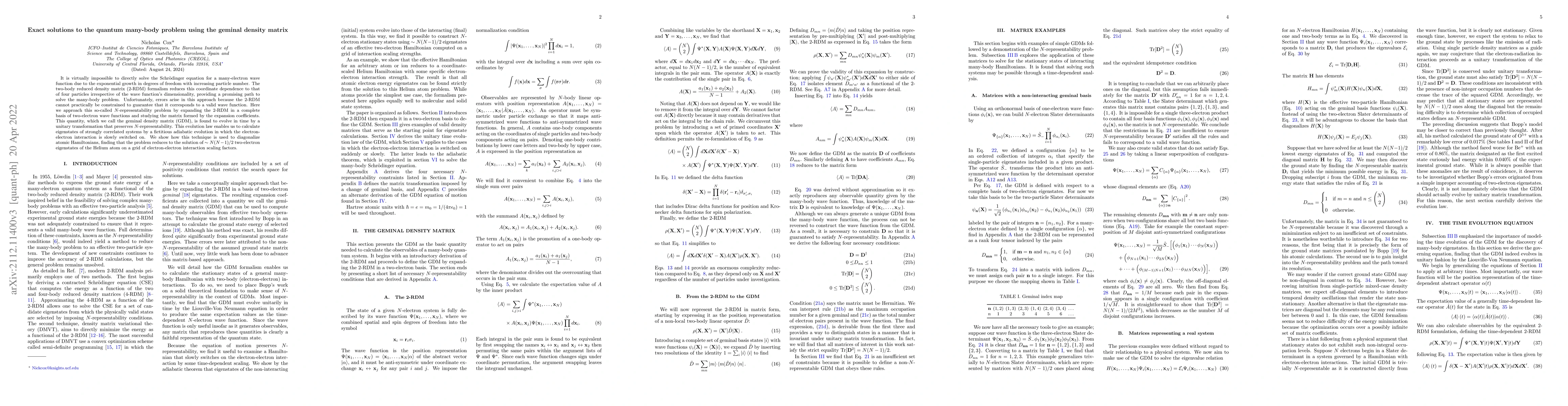 Thumbnail for Exact solutions to the quantum many-body problem using the geminal
  density matrix