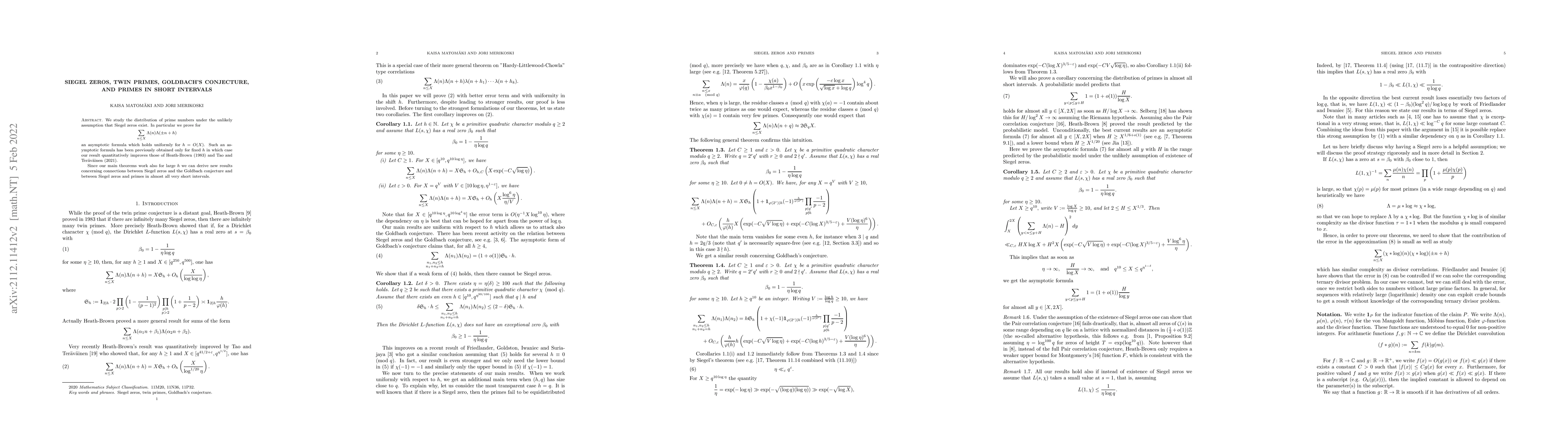 Thumbnail for Siegel zeros, twin primes, Goldbach's conjecture, and primes in short
  intervals