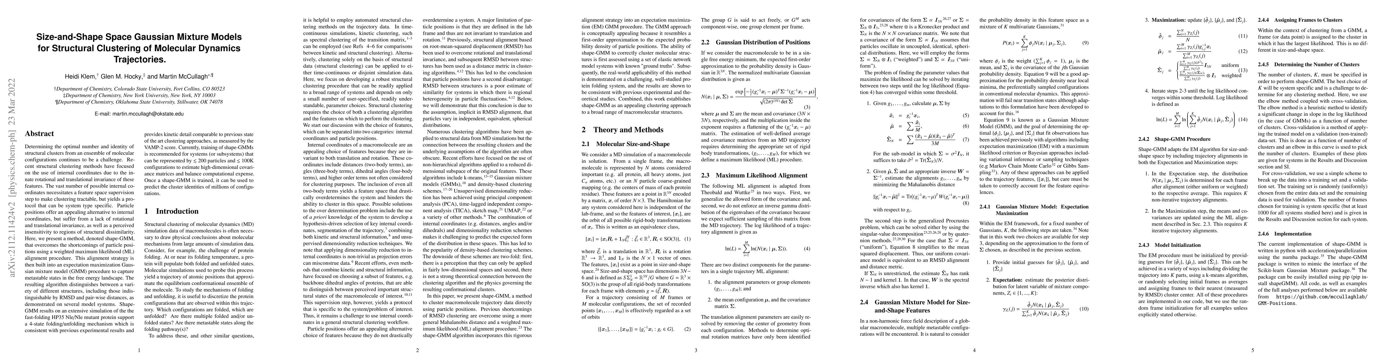 Thumbnail for Size-and-Shape Space Gaussian Mixture Models for Structural Clustering
  of Molecular Dynamics Trajectories