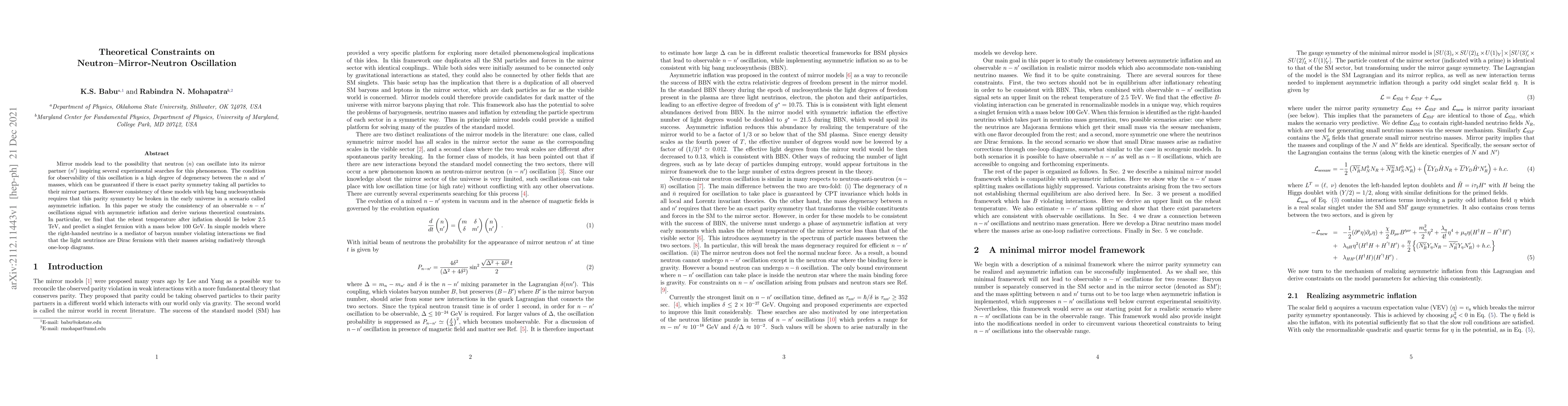 Thumbnail for Theoretical Constraints on Neutron--Mirror-Neutron Oscillation