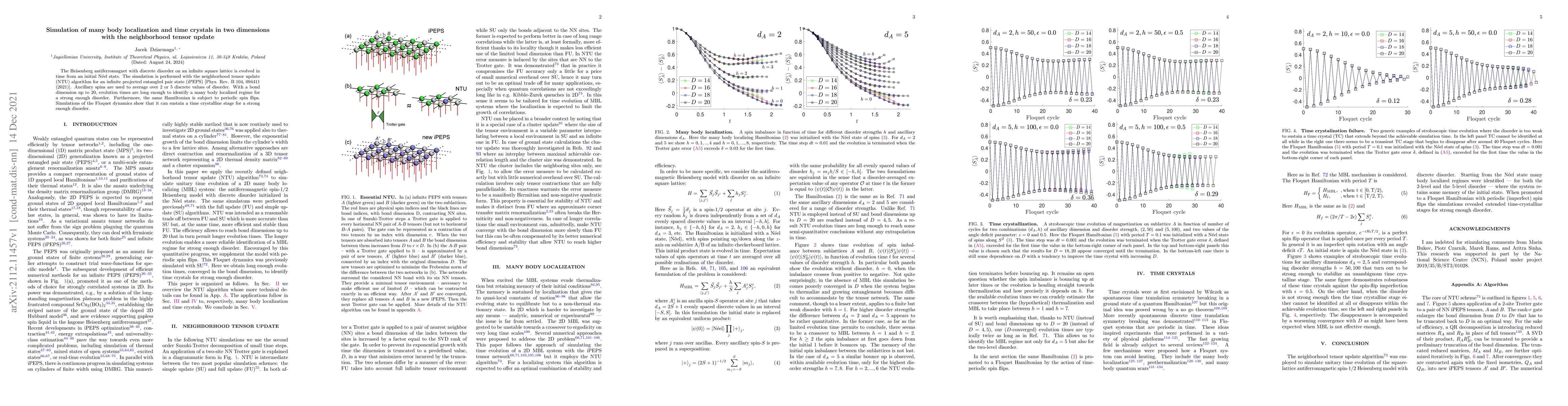 Thumbnail for Simulation of many body localization and time crystals in two dimensions
  with the neighborhood tensor update