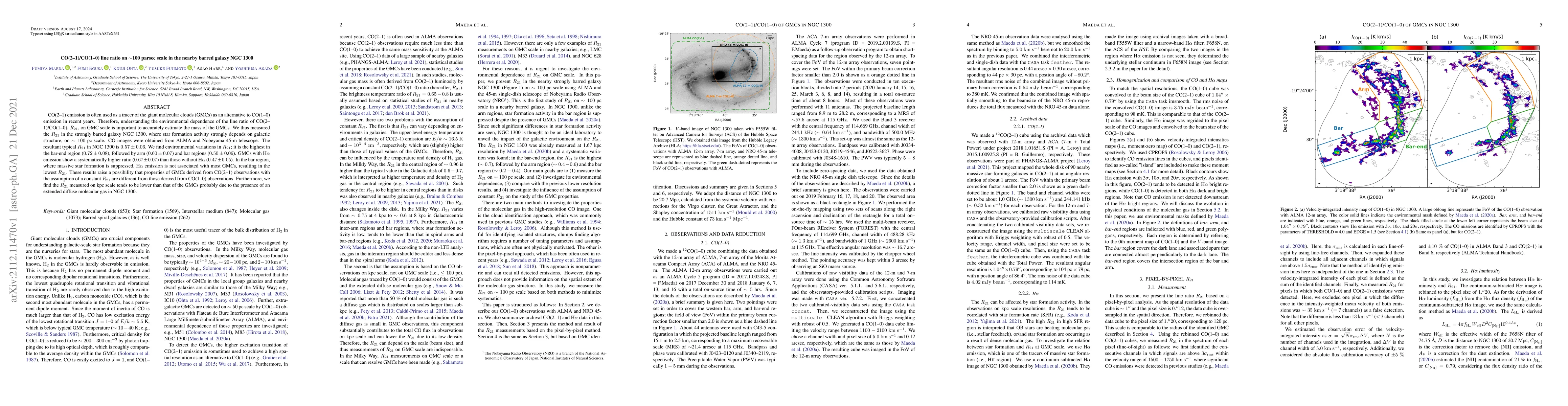 Thumbnail for CO(2-1)/CO(1-0) line ratio on $\sim$100 parsec scale in the nearby
  barred galaxy NGC1300