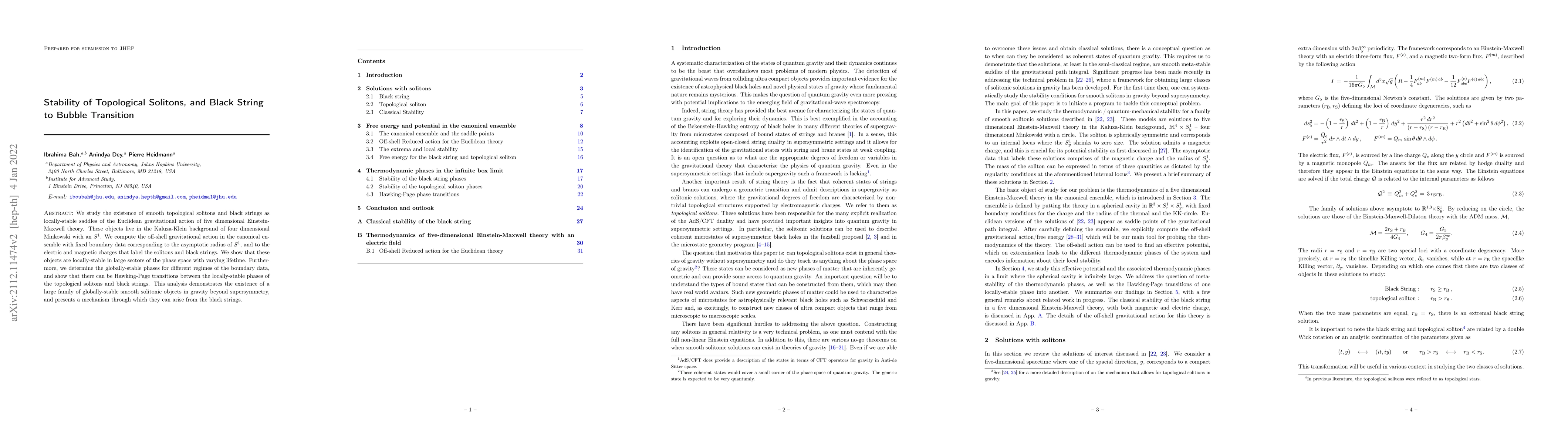 Thumbnail for Stability of topological solitons, and black string to bubble transition