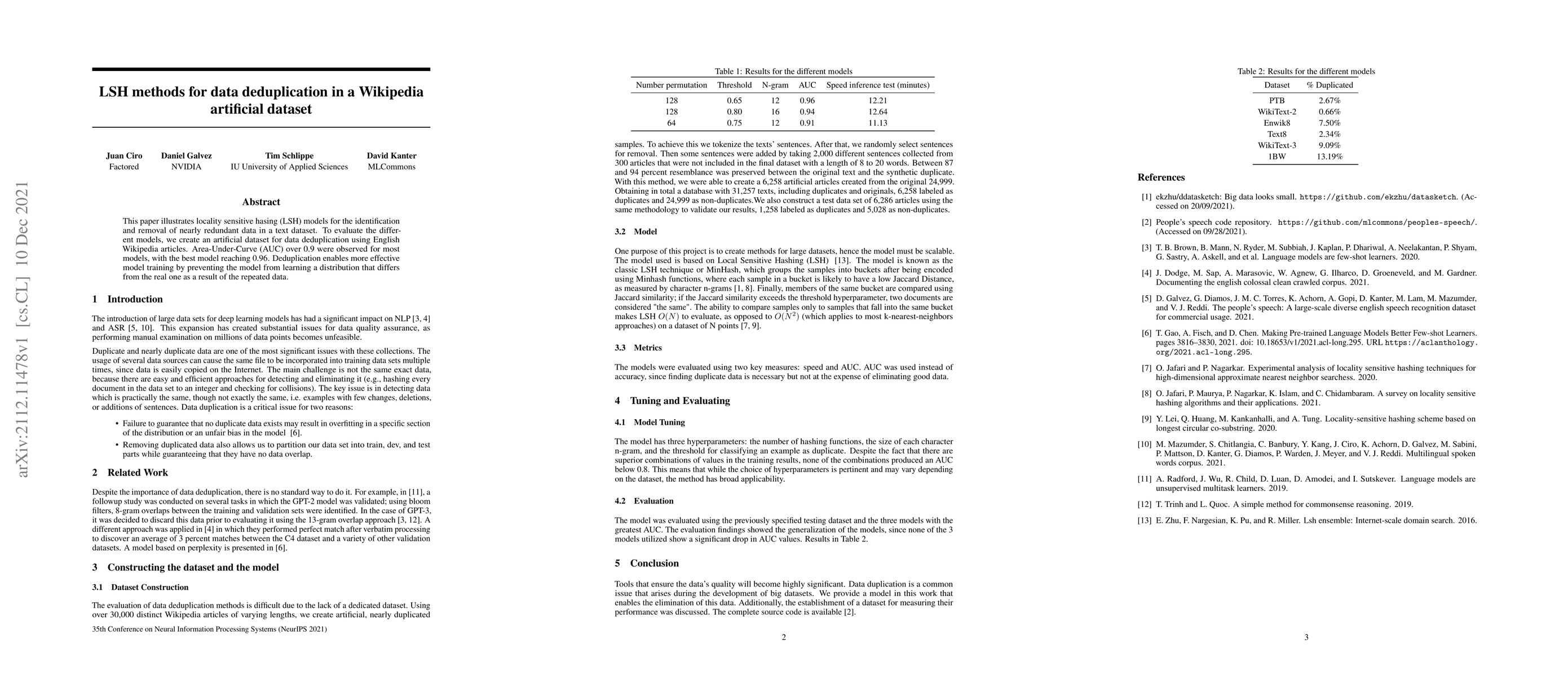 Thumbnail for LSH methods for data deduplication in a Wikipedia artificial dataset