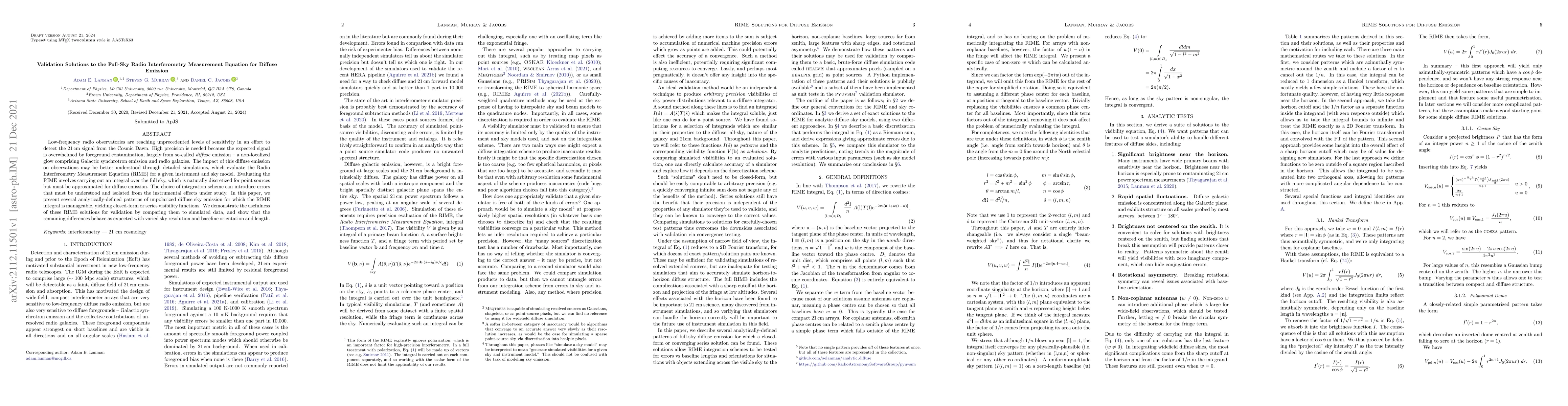 Thumbnail for Validation Solutions to the Full-Sky Radio Interferometry Measurement
  Equation for Diffuse Emission