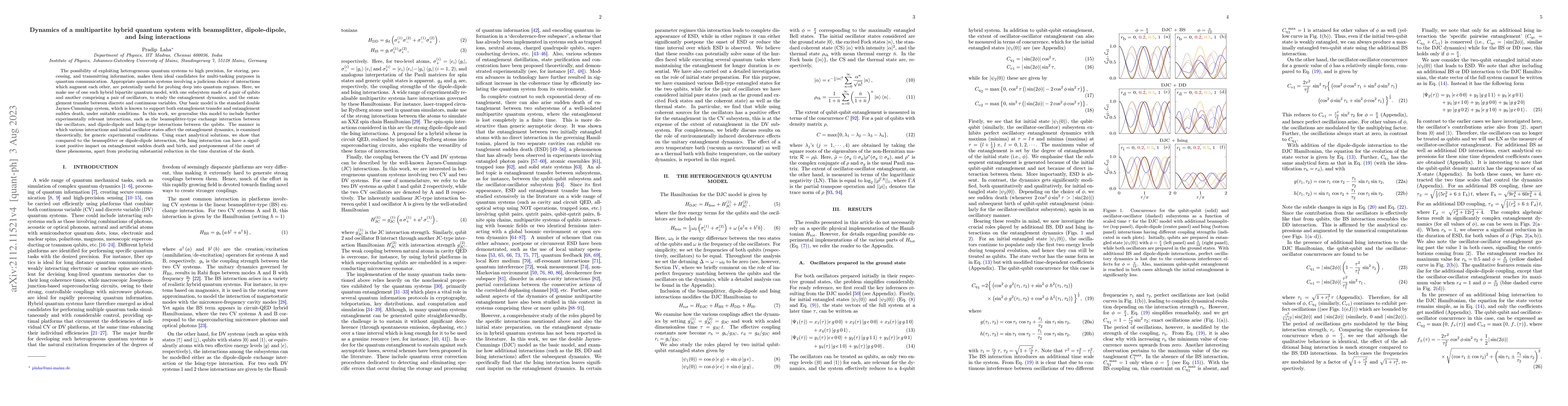 Thumbnail for Dynamics of a multipartite hybrid quantum system with beamsplitter,
  dipole-dipole, and Ising interactions