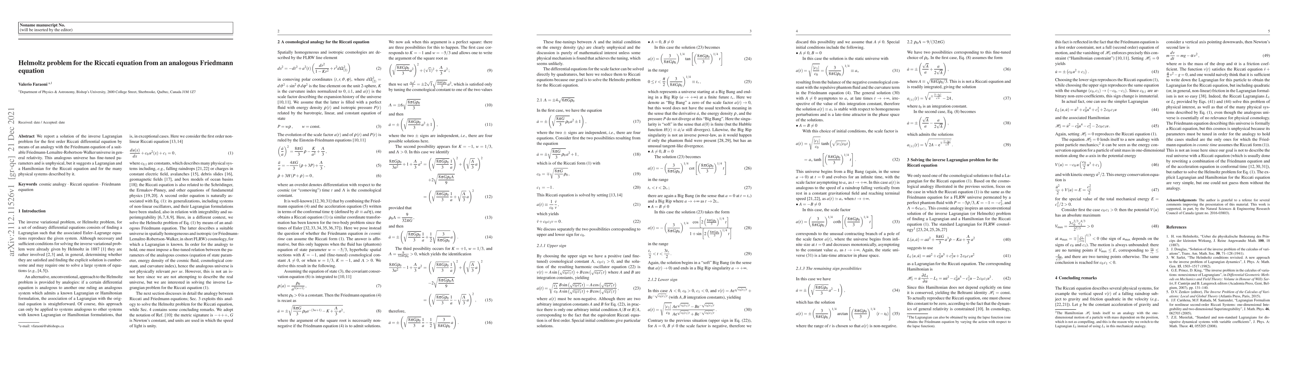 Thumbnail for Helmoltz problem for the Riccati equation from an analogous Friedmann
  equation