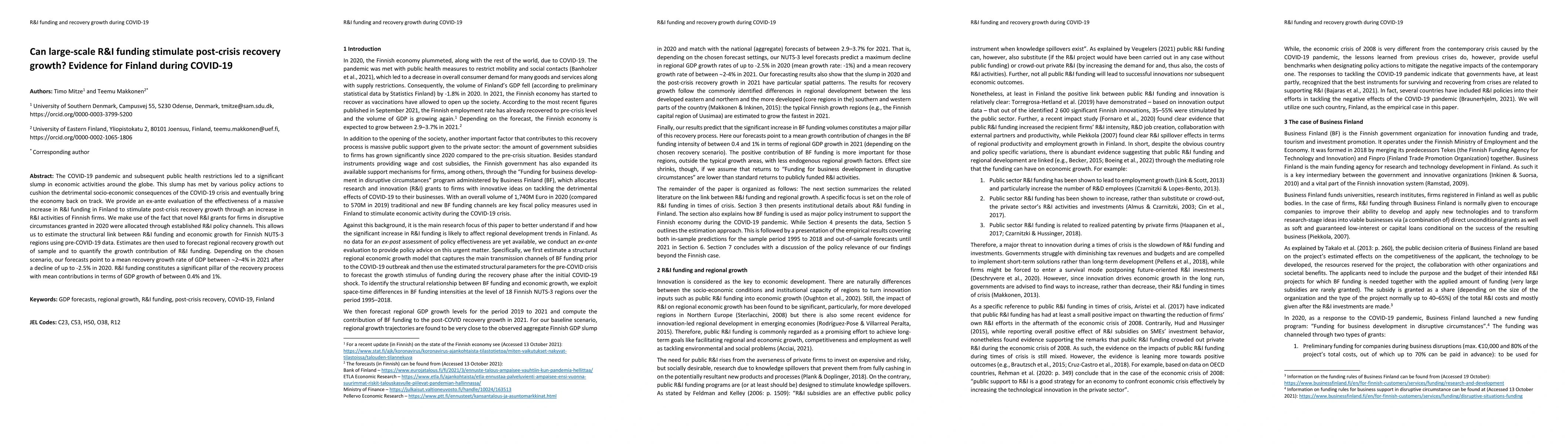 Thumbnail for Can large-scale R&I funding stimulate post-crisis recovery growth?
  Evidence for Finland during COVID-19