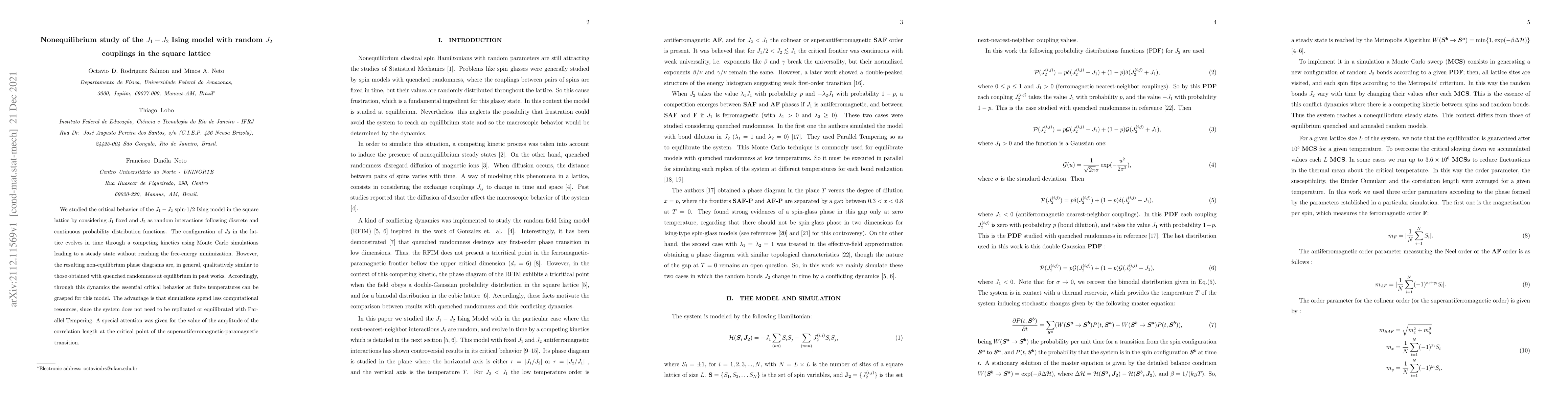 Thumbnail for Nonequilibrium study of the $J_{1}-J_{2}$ Ising model with random
  $J_{2}$ couplings in the square lattice