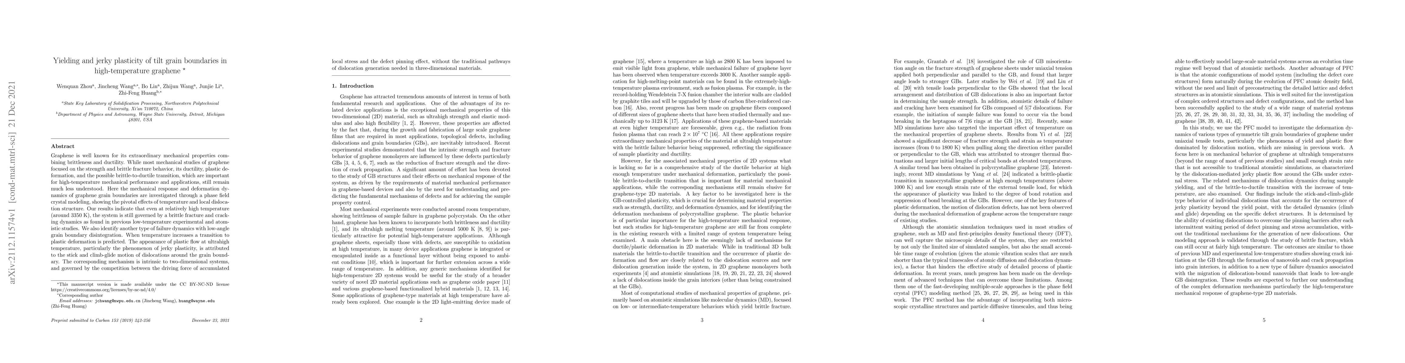 Thumbnail for Yielding and jerky plasticity of tilt grain boundaries in
  high-temperature graphene