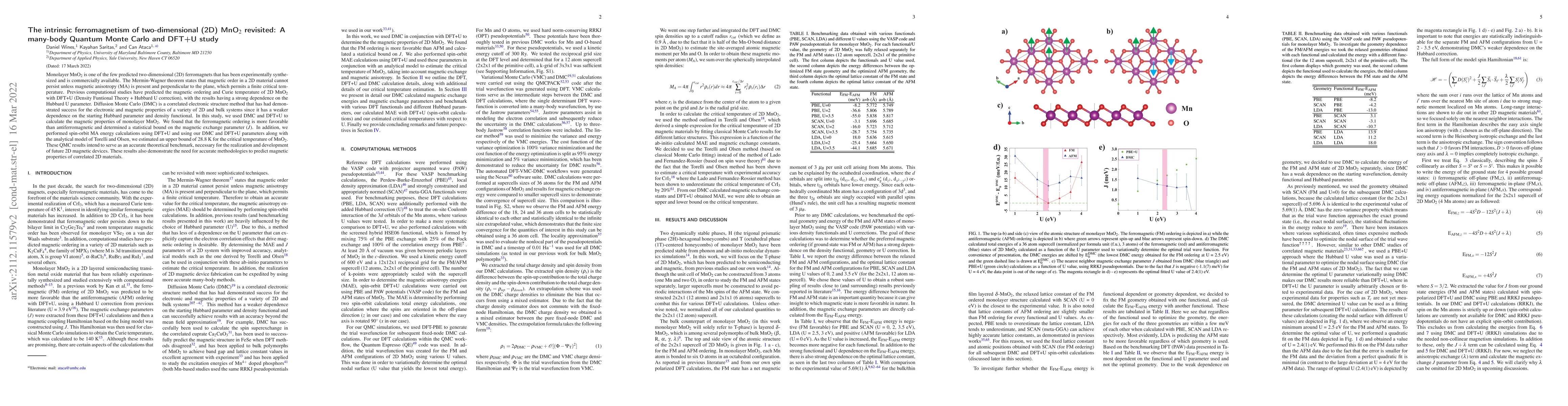 Thumbnail for The intrinsic ferromagnetism of two-dimensional (2D) MnO$_2$ revisited:
  A many-body Quantum Monte Carlo and DFT+U study