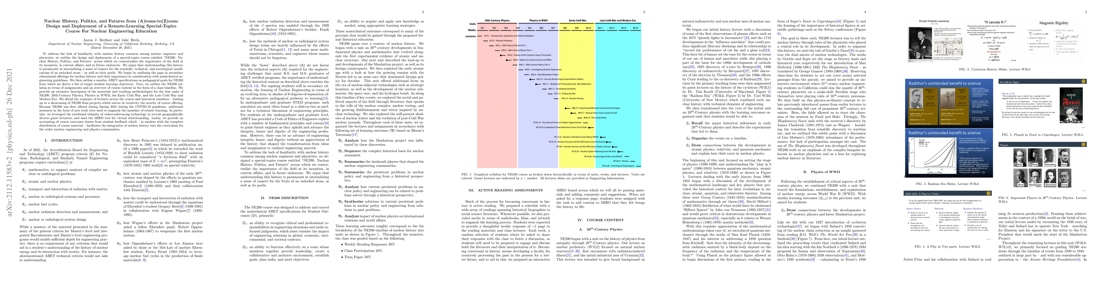 Thumbnail for Nuclear History, Politics, and Futures from (A)toms-to(Z)oom: Design and
  Deployment of a Remote-Learning Special-Topics Course For Nuclear Engineering
  Education