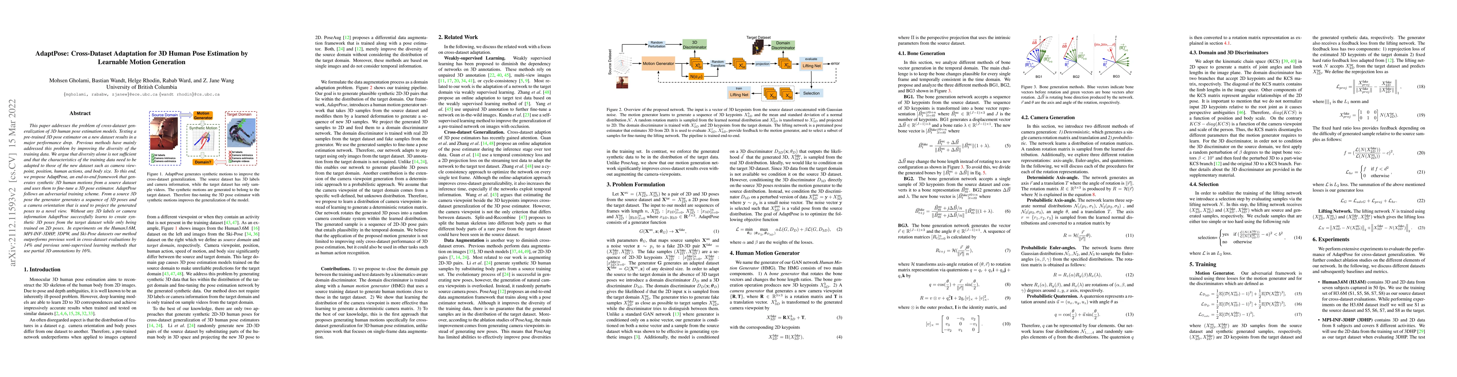 Thumbnail for AdaptPose: Cross-Dataset Adaptation for 3D Human Pose Estimation by
  Learnable Motion Generation