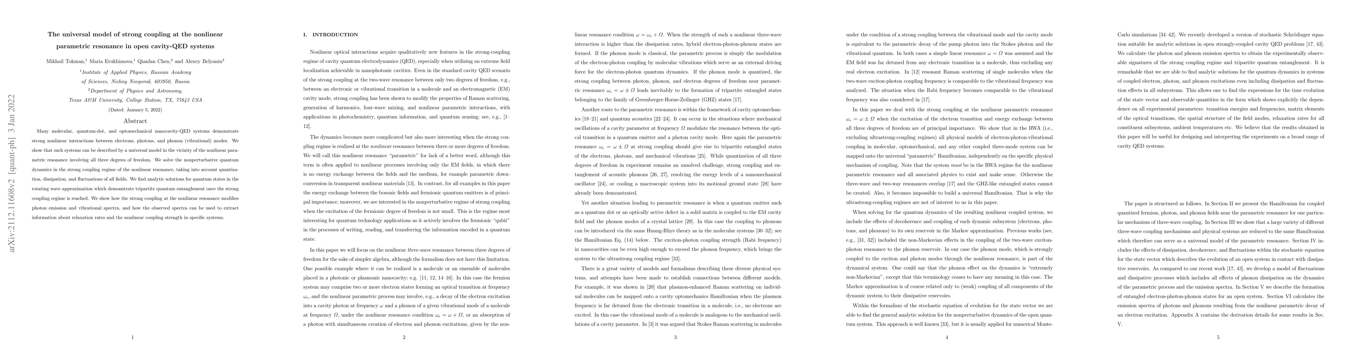Thumbnail for The universal model of strong coupling at the nonlinear parametric
  resonance in open cavity-QED systems