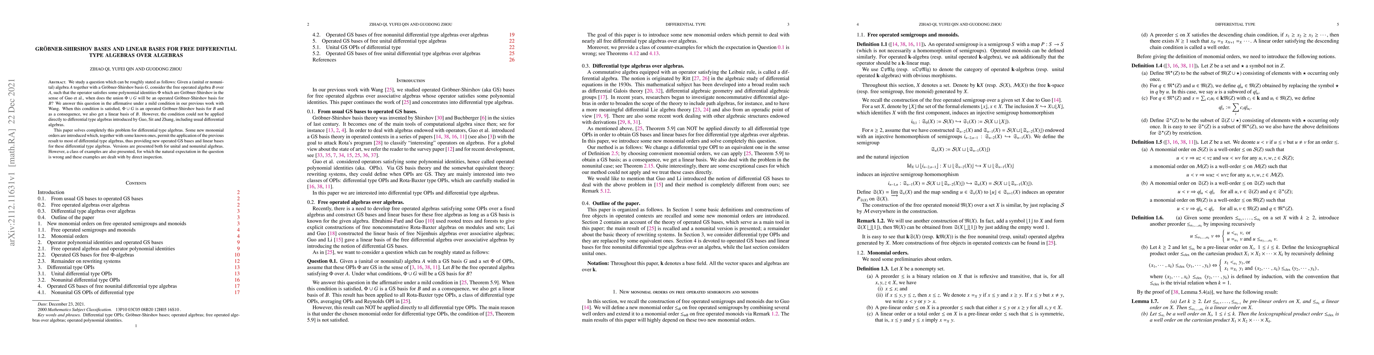 Thumbnail for Gr\"obner-Shirshov bases and linear bases for free differential type
  algebras over algebras
