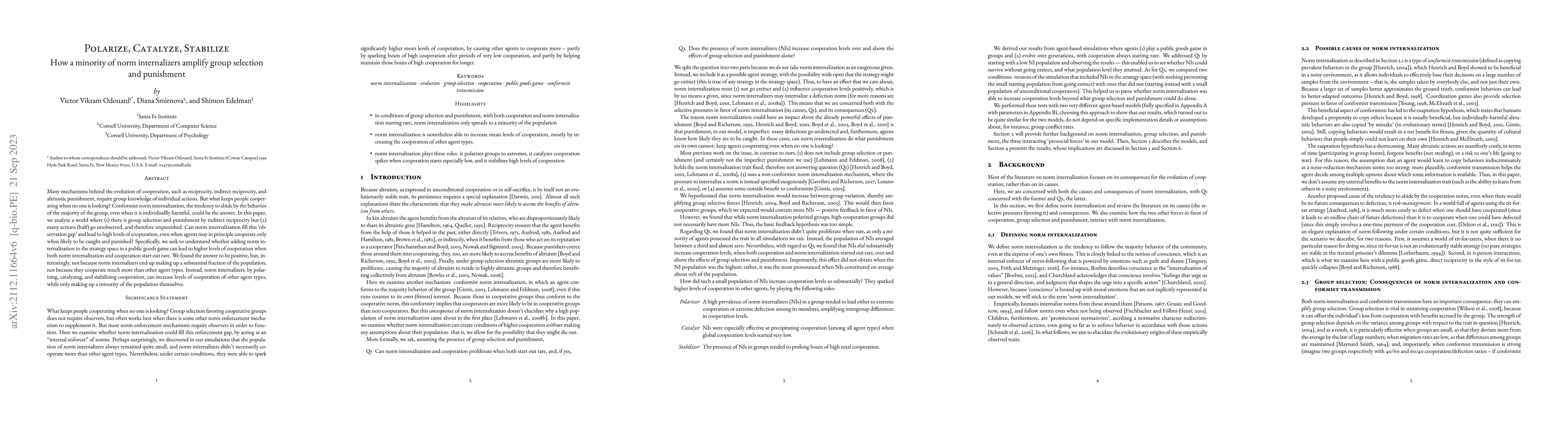 Thumbnail for Polarize, Catalyze, Stabilize: How a minority of norm internalizers
  amplify group selection and punishment