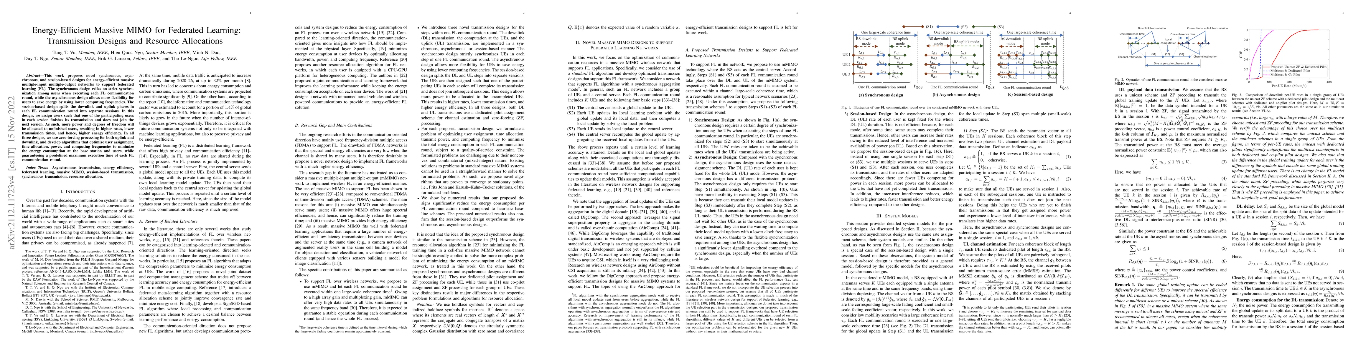 Thumbnail for Energy-Efficient Massive MIMO for Federated Learning: Transmission
  Designs and Resource Allocations