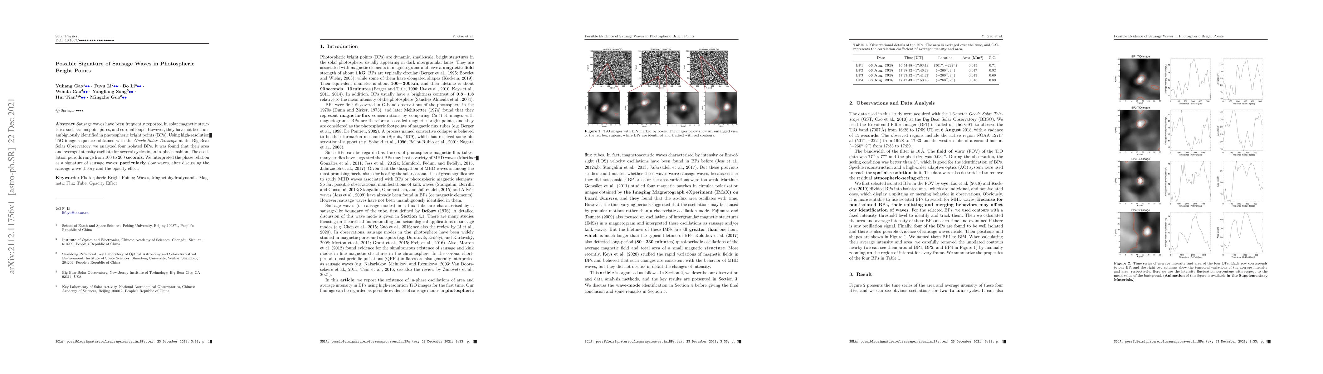 Thumbnail for Possible Signature of Sausage Waves in Photospheric Bright Points