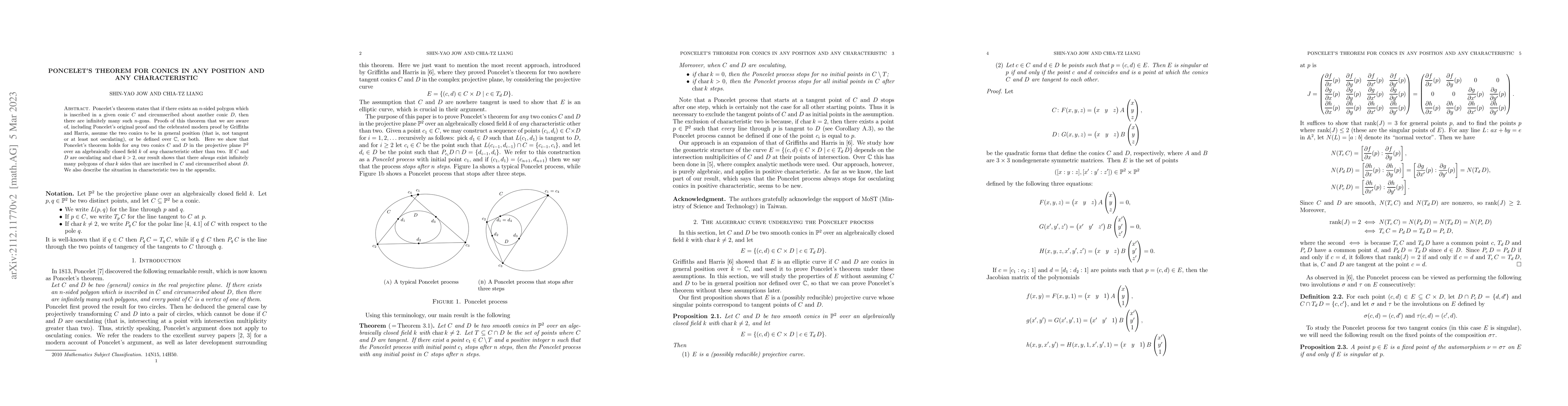 Thumbnail for Poncelet's theorem for conics in any position and any characteristic