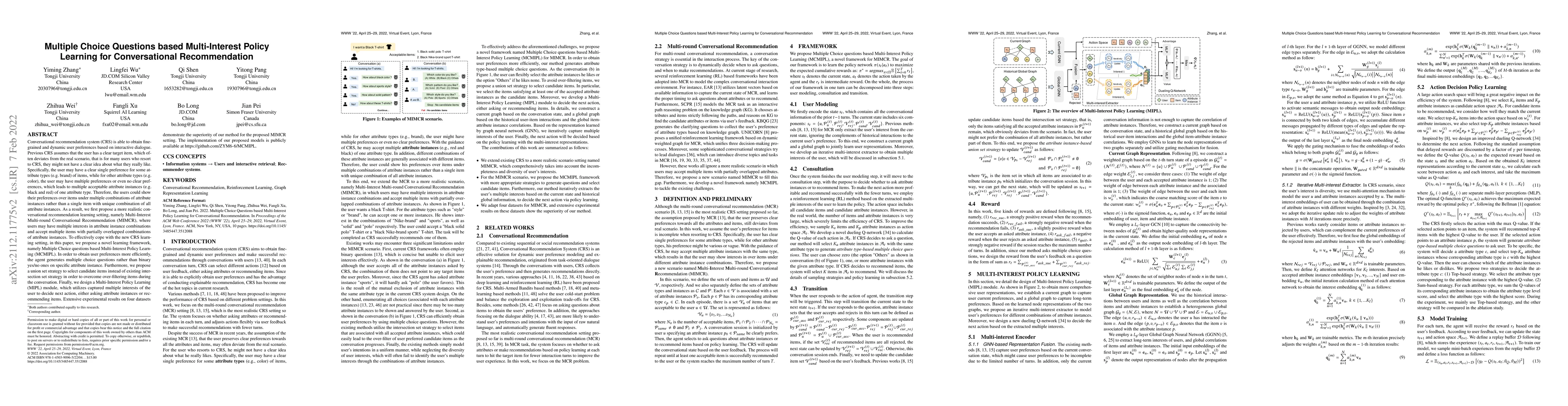 Thumbnail for Multiple Choice Questions based Multi-Interest Policy Learning for
  Conversational Recommendation