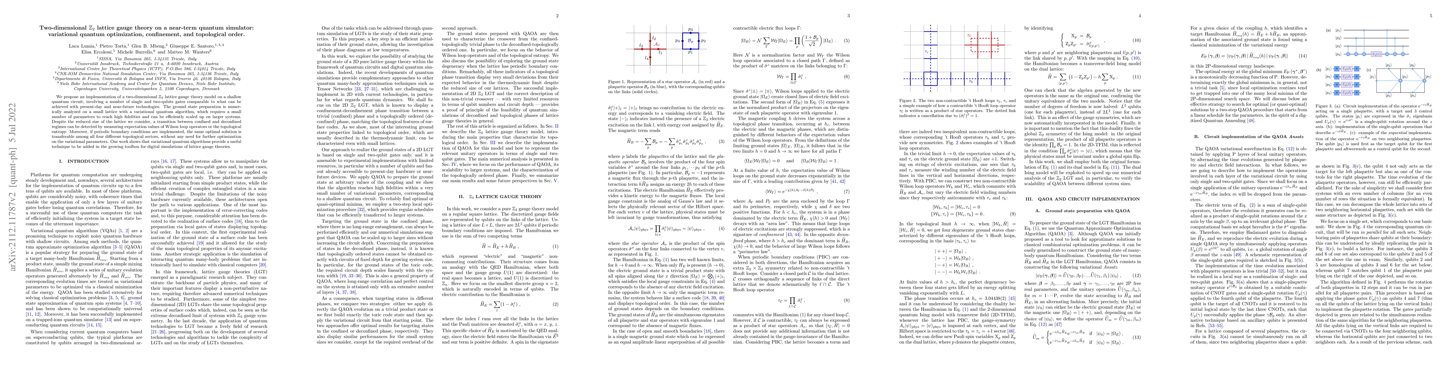 Thumbnail for Two-dimensional $\mathbb{Z}_2$ lattice gauge theory on a near-term
  quantum simulator: variational quantum optimization, confinement, and
  topological order
