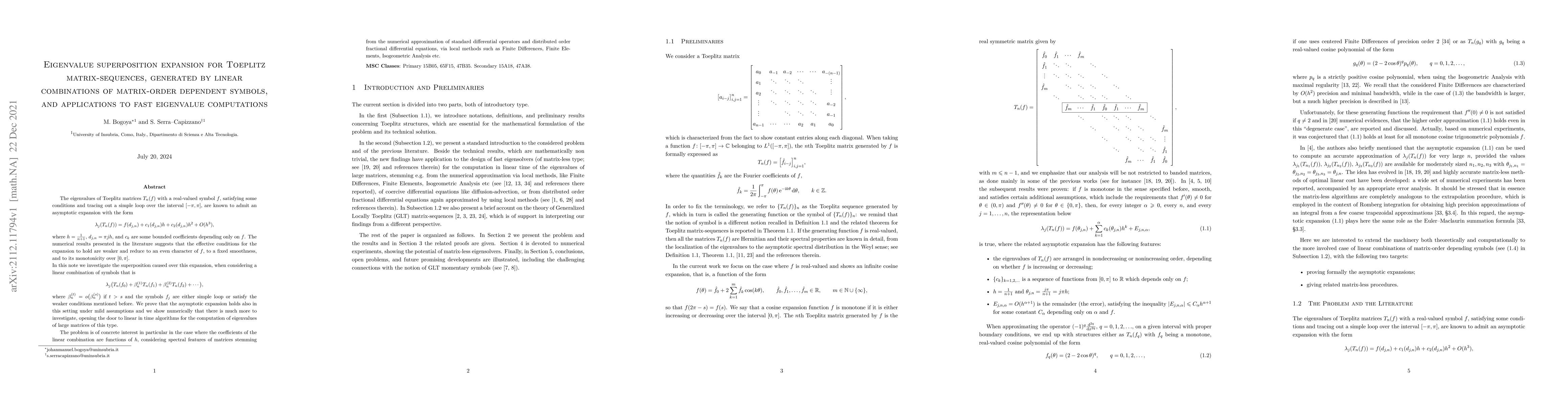Thumbnail for Eigenvalue superposition expansion for Toeplitz matrix-sequences,
  generated by linear combinations of matrix-order dependent symbols, and
  applications to fast eigenvalue computations