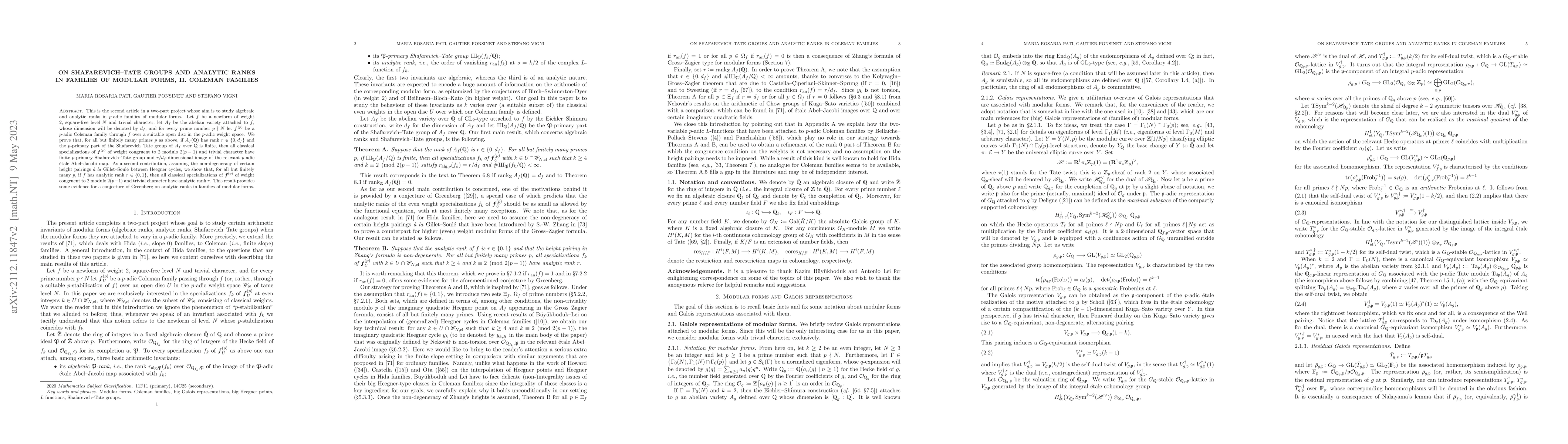 Thumbnail for On Shafarevich-Tate groups and analytic ranks in families of modular
  forms, II. Coleman families