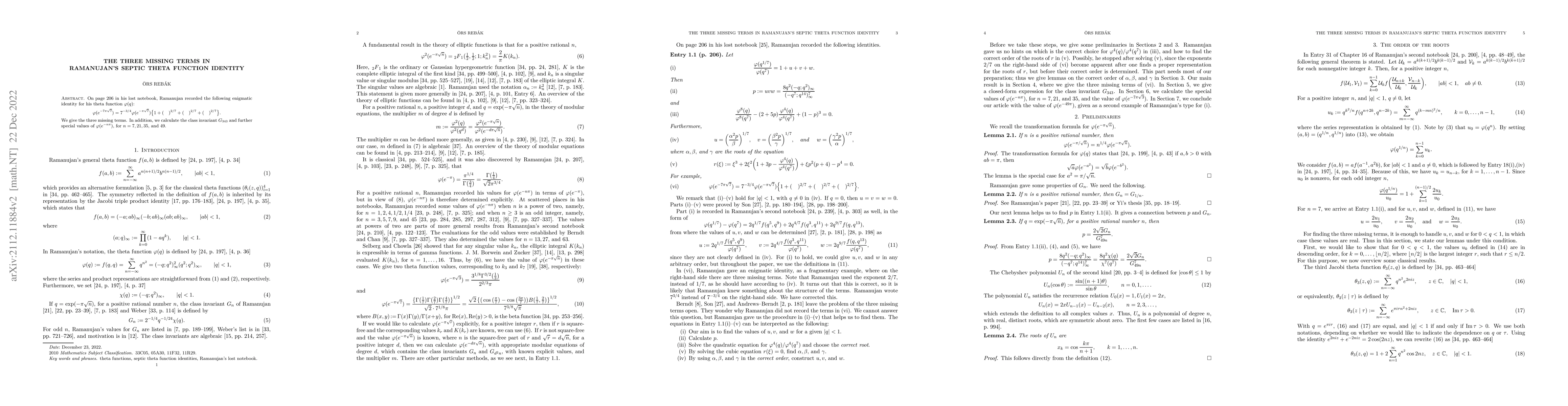 Thumbnail for The three missing terms in Ramanujan's septic theta function identity