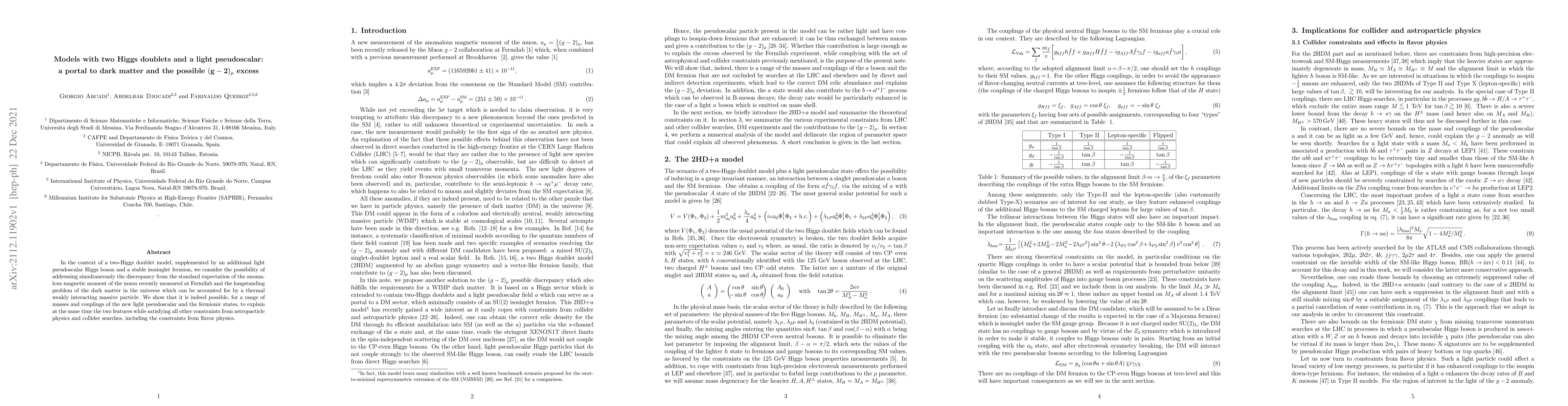 Thumbnail for Models with two Higgs doublets and a light pseudoscalar:a portal to dark
  matter and the possible $\mathbf{(g-2)_\mu}$ excess