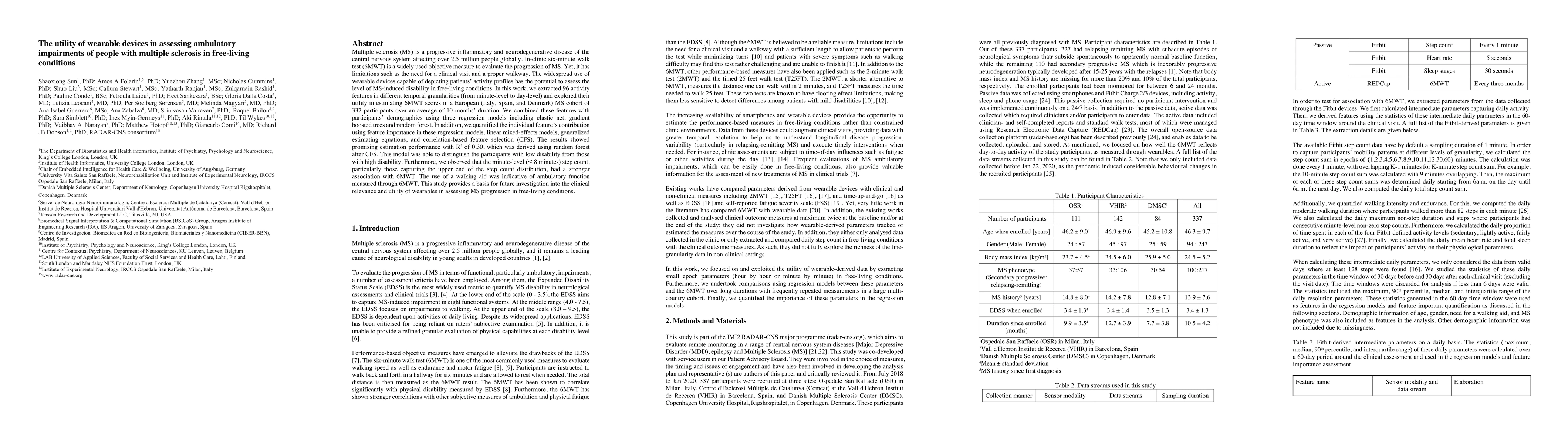 Thumbnail for The utility of wearable devices in assessing ambulatory impairments of
  people with multiple sclerosis in free-living conditions
