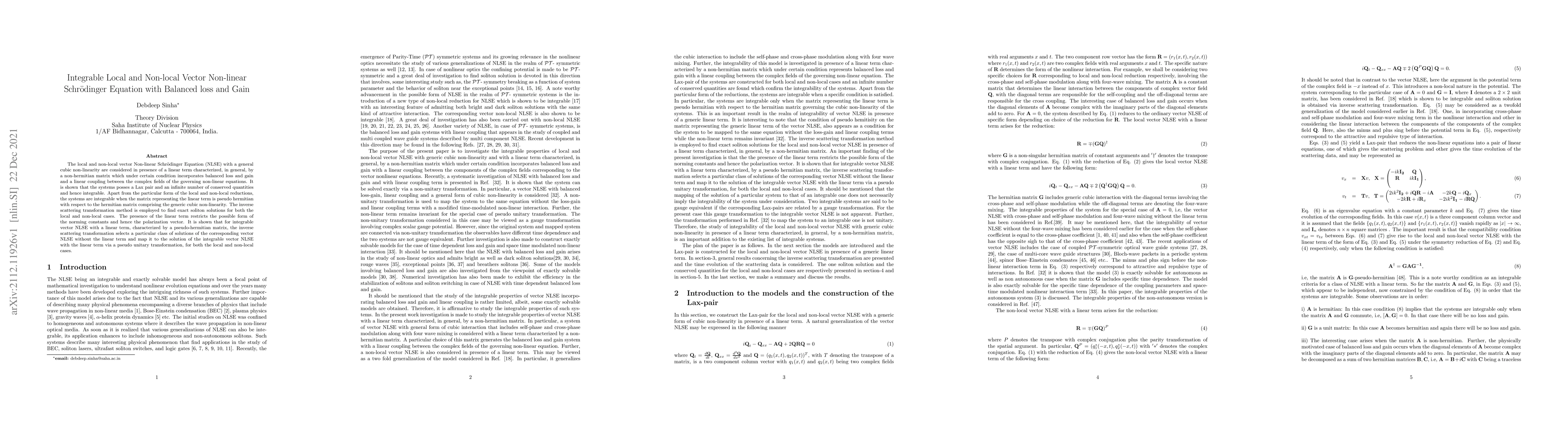 Thumbnail for Integrable Local and Non-local Vector Non-linear Schrodinger Equation
  with Balanced loss and Gain