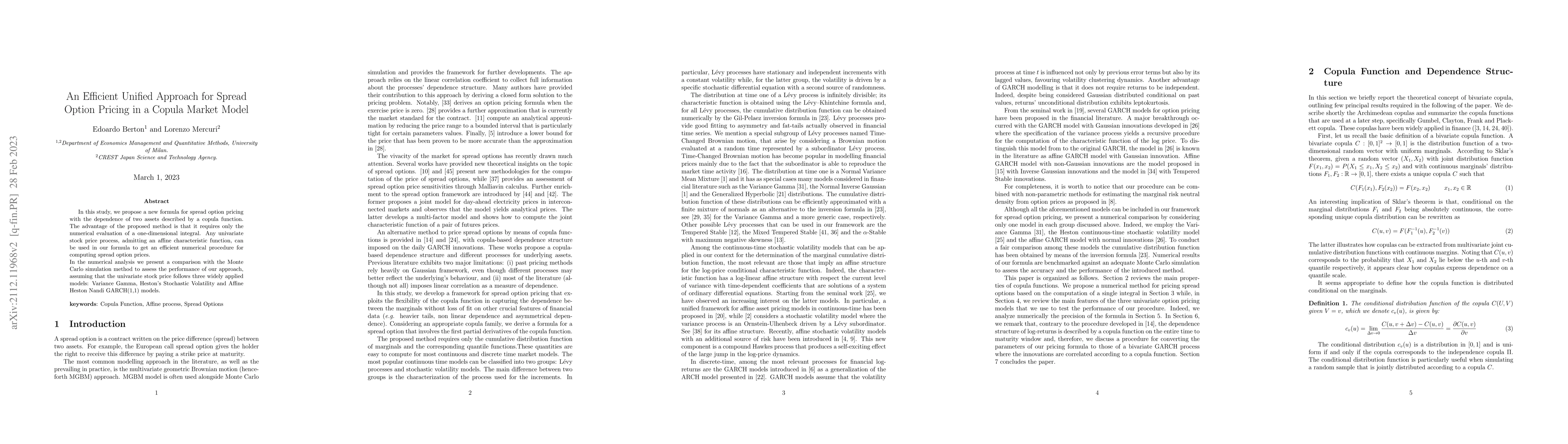 Thumbnail for An Efficient Unified Approach for Spread Option Pricing in a Copula
  Market Model