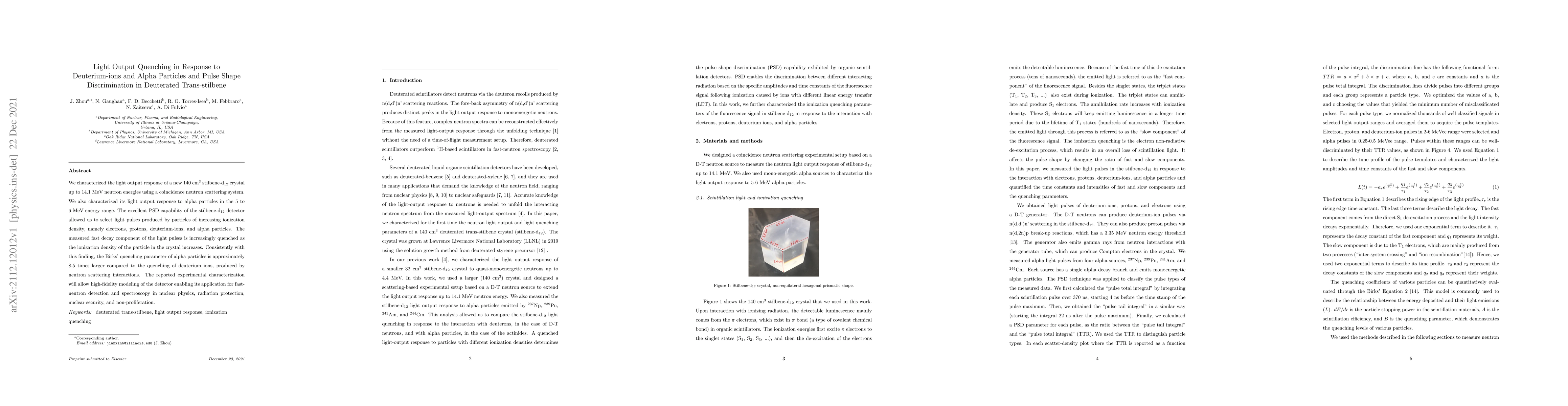 Thumbnail for Light Output Quenching in Response to Deuterium-ions and Alpha Particles
  and Pulse Shape Discrimination in Deuterated Trans-stilbene