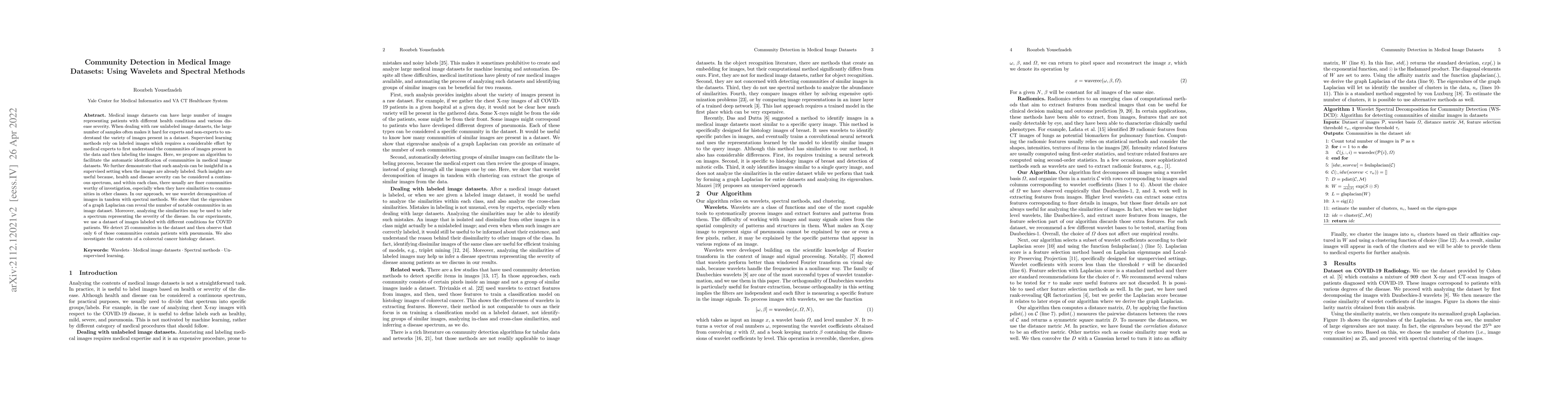 Thumbnail for Community Detection in Medical Image Datasets: Using Wavelets and
  Spectral Methods