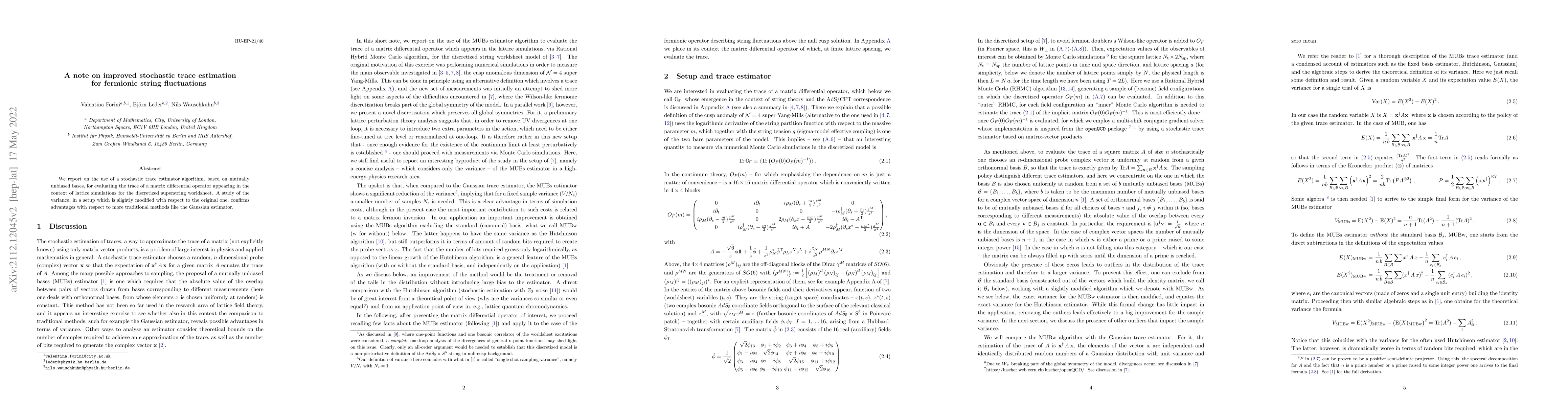 Thumbnail for A note on improved stochastic trace estimation for fermionic string
  fluctuations